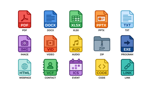 Collection of colorful file type icons on white background