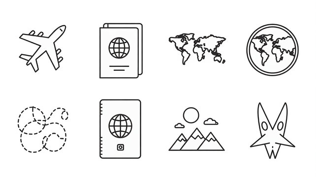 Collection of travel and adventure icons including airplane passport and world map for tourism and global exploration concepts flat vector design on white