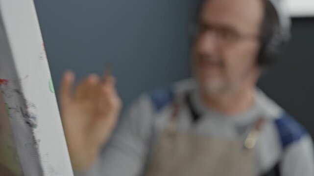Man painter in studio wearing apron and headphones holds small brush between fingers and paints on canvas; concentration creativity.