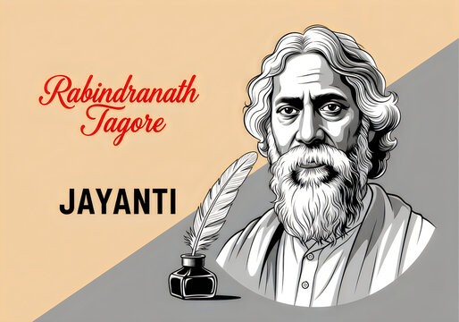 Rabindranath Tagore Jayanti illustration with feather quill and inkwell, tribute to renowned poet
