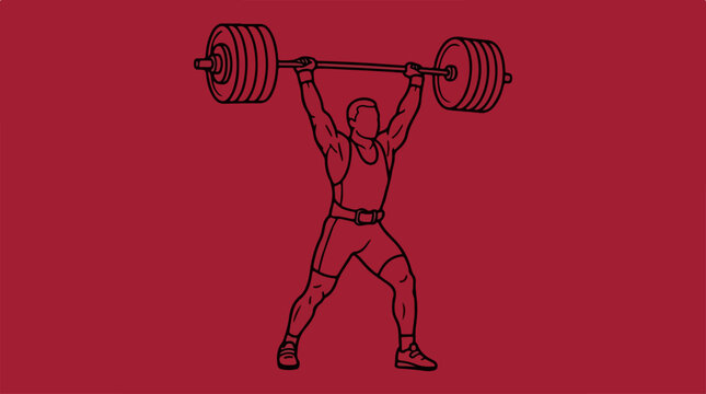 Weightlifter performing overhead lift with heavy barbell in red background.