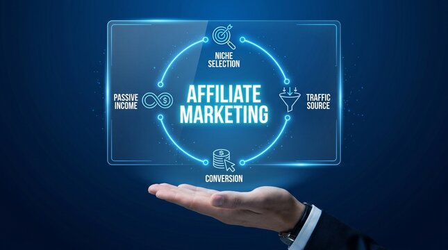 A businessman holding a digital affiliate marketing concept in his hand