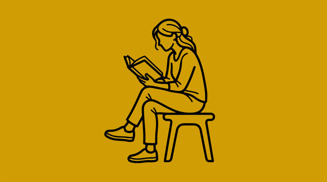 Woman engrossed in reading a book while sitting on a stool.