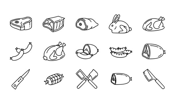 Meat factory product icons set vector thin line beef pork chicken rabbit sausage ham processing pictograms isolated white background