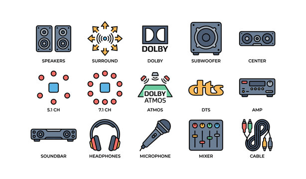 Speakers and home theater icons arranged in grid on white