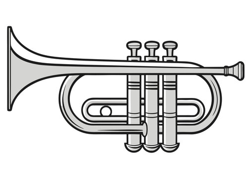 Side-view vector illustration of a silver cornet with three valves.