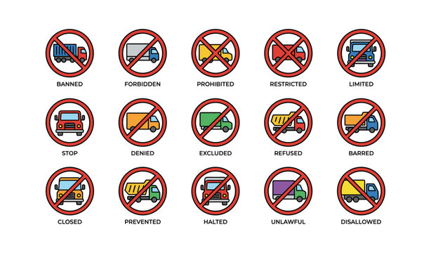 Prohibition signs showing various trucks and vehicles on white