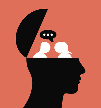 Inner dialogue a silhouette of a head containing two figures in conversation