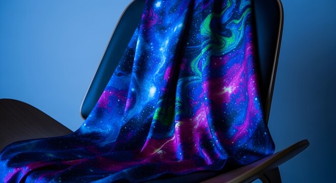 Colorful Abstract Patterned Fabric Draped Over Chair.