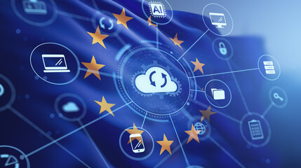 Obraz premium Cloud data ecosystem with technology icons over EU themed background illustrating modern digital connectivity and cybersecurity network concept.