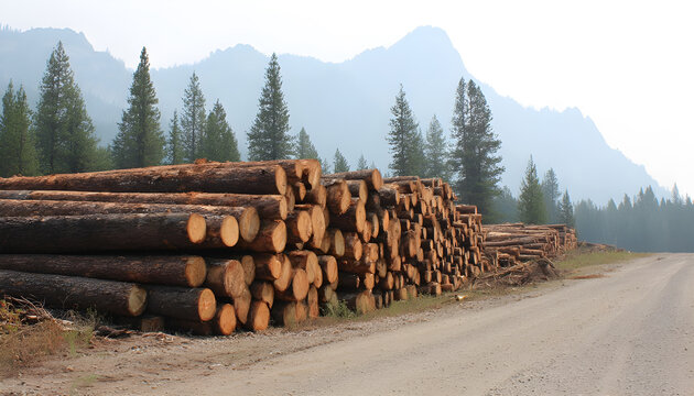 Pine logs are piled up by roadside for further transportation.