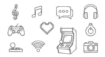 Collection of hand-drawn icons representing entertainment and technology. © Fatah