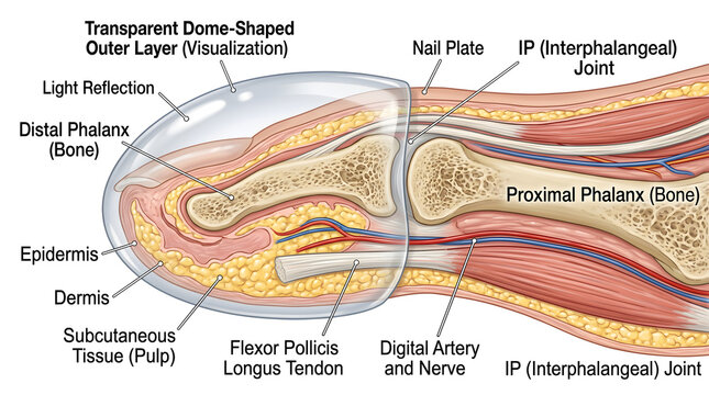 Sagittal cross‑section of the thumb under a transparent dome layer showing distal and proximal phalanges, nail plate, epidermis, dermis, subcutaneous pulp, flexor pollicis longus tendon, digital arter