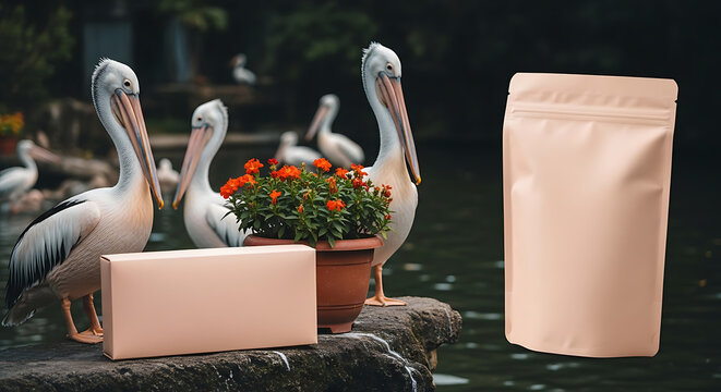 A light pink resealable pouch and a small box with pelicans and flowers in the background, outdoor setting near water, product packaging mockup