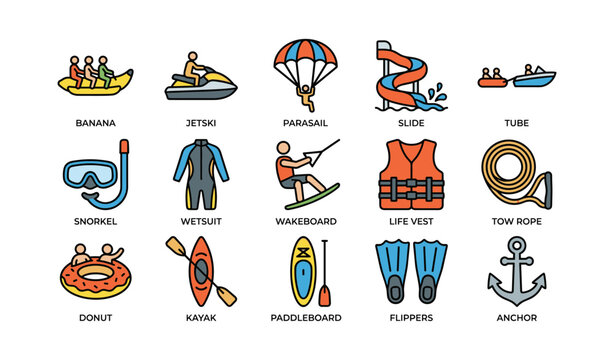 Water sports equipment and activity icons on white background