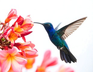 Fototapeta premium Hummingbird Macro Photography In Iridescent Blue And Green Colors Hovering Near Pink Flowers On A White High Key Background
