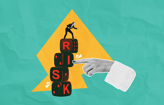 Surreal collage of business figure balancing on stacked dice spe