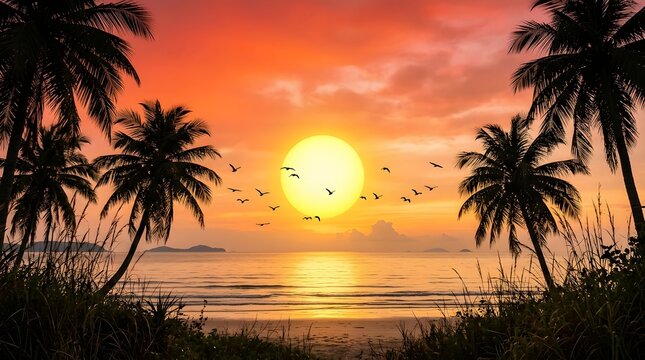 Tropical beach scene at sunset with palm trees and birds flying