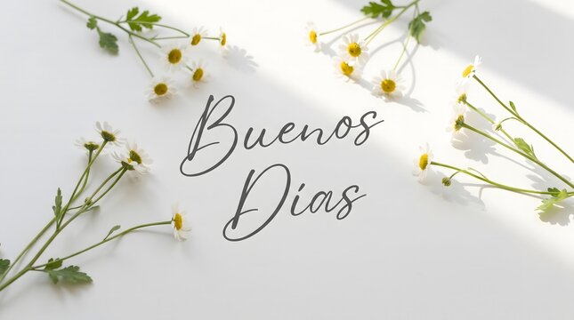 A 'Buenos D&iacute;as' message in elegant script, with white flowers and green leaves on a white background, bathed in soft light, for a fresh, positive day