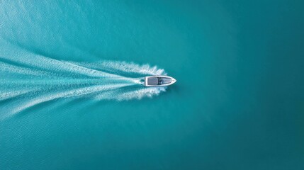 Obraz premium Aerial View of a Speedboat Cutting Through Vibrant Turquoise Water from a High Angle Perspective