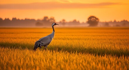 Obraz premium Crane Standing in Golden Field at Sunset.