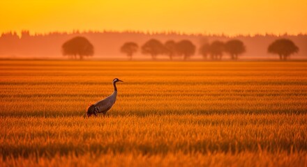 Obraz premium Crane Standing in Golden Field at Sunrise.