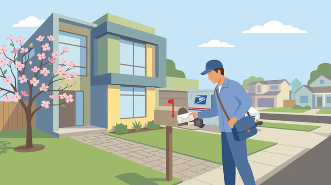 Postman delivering mail to a mailbox in a modern suburban neighborhood