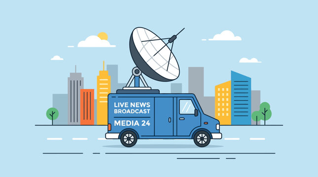 Broadcasting Live News from a Media Van with Satellite Dish against a Cityscape