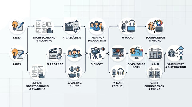 Visualizing the comprehensive filmmaking process from initial idea to final delivery and distribution
