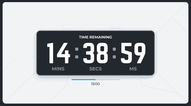 Modern digital countdown timer concept displaying precise remaining time in minutes, seconds, and milliseconds for tracking critical deadlines, events, or real-time processes