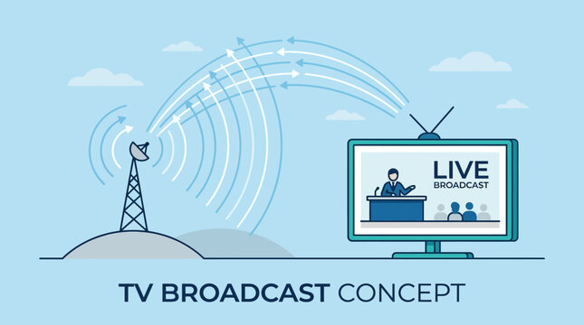 Modern illustration depicting a live television broadcast, showing wireless signal transmission from an antenna tower to a TV screen featuring a news anchor