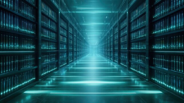 Futuristic Digital Library with Shelves Filled with Books and Glowing Lights Creating an Immersive Pathway Through a High-Tech Environment
