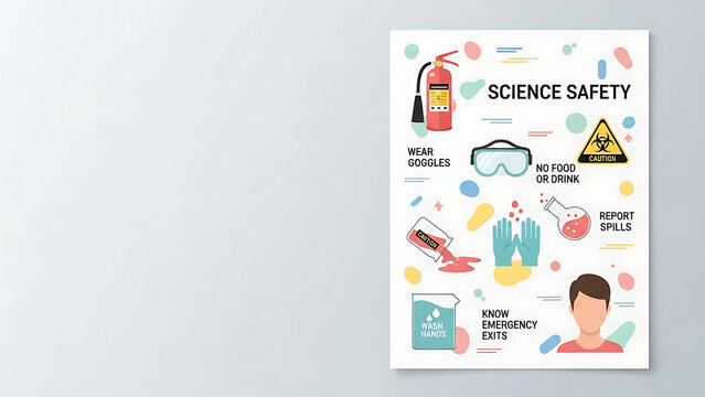 Science Laboratory Safety Guidelines Poster with Illustrated Icons for Wearing Goggles Using Fire Extinguishers Reporting Spills and Emergency Exit Awareness for School Classroom Labs