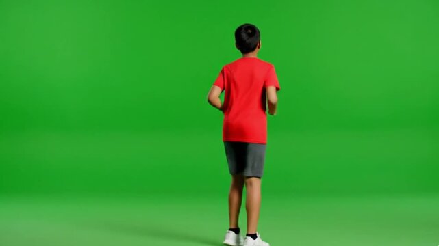 Boy Running in Place Turning Six Directions on Green Screen, Full Body Motion Loop
