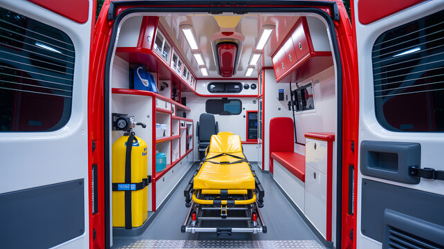 Open Back Doors of a State-of-the-Art Ambulance Revealing a Fully Equipped Interior with Stretcher and Medical Oxygen Tanks.
