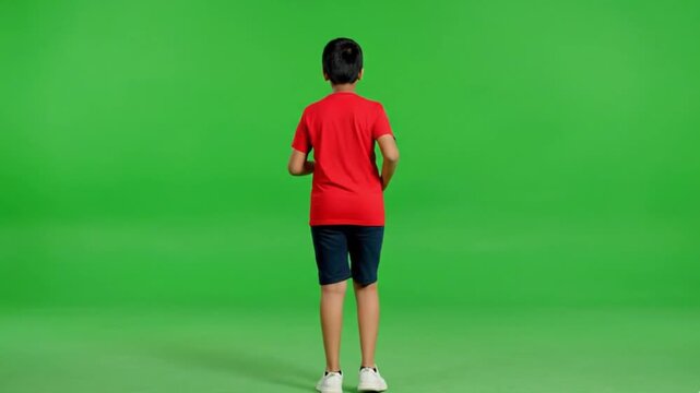 Boy Running in Place Turning Six Directions on Green Screen, Full Body Motion Loop