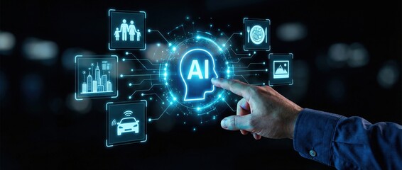 Fototapeta premium Exploring ai technology integration digital workspace infographic high-tech environment close-up viewpoint innovation and future trends