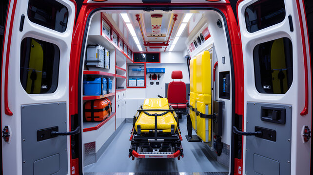 Detailed Interior View of a Modern Emergency Ambulance with Open Back Doors, Featuring a Stretcher and Essential Medical Equipment.