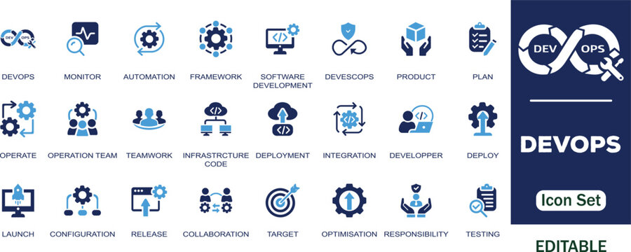 DevOps editable solid icon set.Containing automation, plan, framework, software development, deployment, operate, monitor, teamwork, target, testing, collaboration and more vector icons collection.