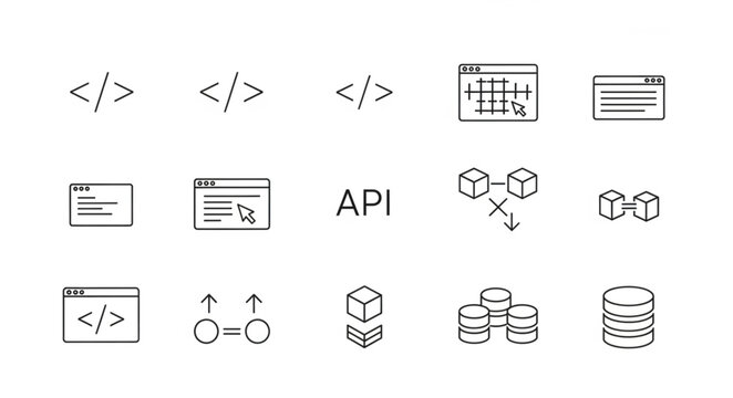Collection of API and coding icons with data representations.