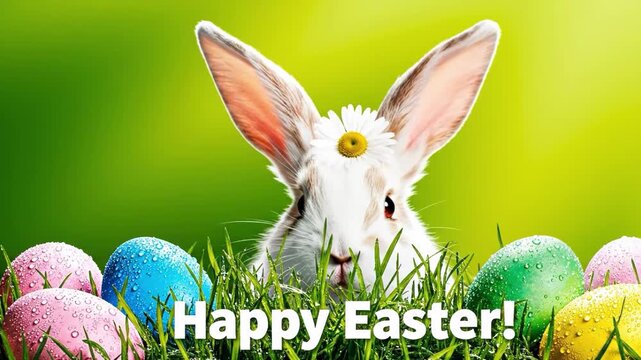 Easter bunny with colorful eggs in grass