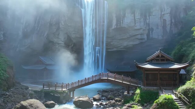 Waterfall scene shows a beautiful waterfall with a bridge leading towards Chinese architecture Capture the stunning beauty and tranquil atmosphere of nature