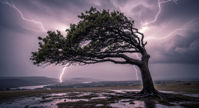 A solitary tree during a thunderstorm with lightning strikes in the background.