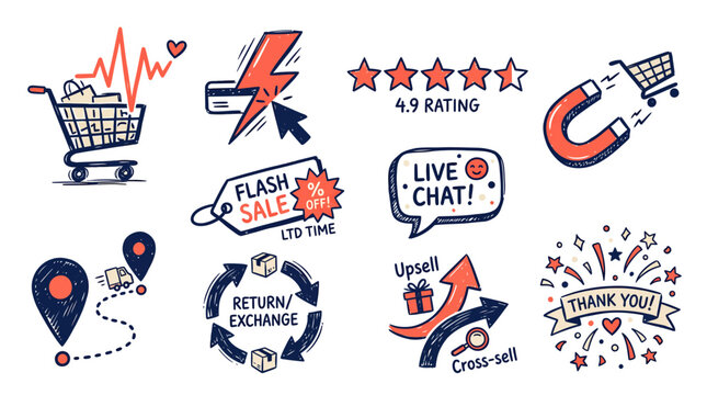 Collection of ecommerce and shopping icons with various symbols and graphics
