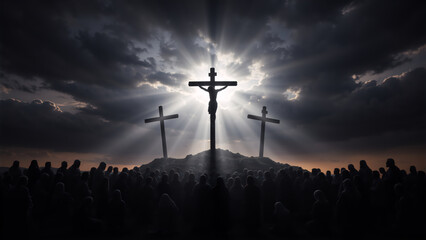 Obraz premium Silhouette of the crucifixion of Jesus Christ on the cross at Calvary. Three crosses on a hill with a dramatic sky and light rays. Christian religion, Easter, and salvation concept