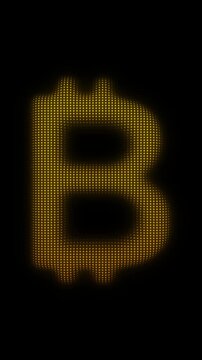 Golden Bitcoin Symbol Scanner Effect Animation, Digital Dot Particles on Dark Background, Golden Scanning Dot Grid Cryptocurrency Symbol, 4K Seamless Loop, Vertical Video 9:16