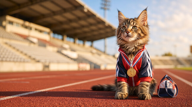 Cute cat athlete wearing a gold medal and track jacket in a stadium. Funny pet champion concept. Copy space for text