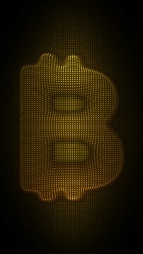 Golden Bitcoin Symbol Waving Flag Animation, Digital Dot Particles on Dark Background, Glowing Dot Grid Waving Cryptocurrency Symbol, 4K Seamless Loop, Vertical Video 9:16