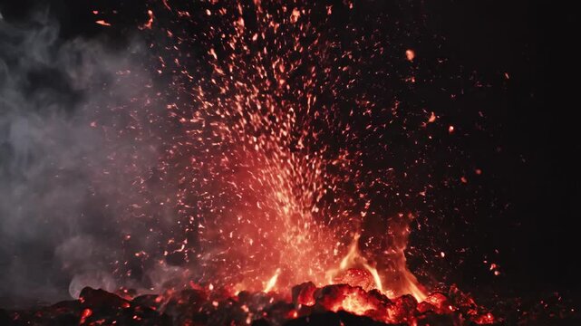 Dynamic close-up of a vibrant fire with numerous glowing sparks and smoke against a dark background.