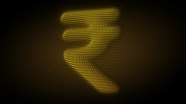 Golden Indian Rupee Symbol Rotating Animation, Digital Dot Particles on Dark Background, Glowing Dot Grid 3D Currency Symbol, 4K Seamless Loop